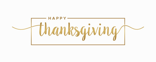 Happy Thanksgiving lettering hand drawn calligraphic gold text with square isolated on white background vector illustration. usable for web banners, posters and greeting cards 