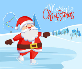 Marry christmas greeting card with santa claus figure skating on ice wink in park. Winter character and calligraphic inscription. Xmas decoration on tree, garlands decorations outdoors vector