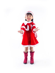 Asian girl is wearing a Santa costume to celebrate Christmas. White background