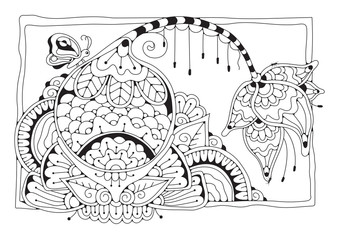 Coloring book page for adult and older children. Black and white abstract floral pattern. Design for meditation. The image can be used in design and printing on fabric