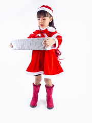 Asian girl is wearing a Santa costume to celebrate Christmas. White background