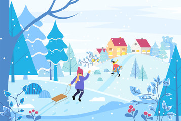 Winter holidays season, landscape with child pulling sleigh. Cityscape with buildings and homes of citizens. Countryside in cold month. Kid with sled waving to person in distance. Vector in flat