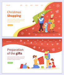 Christmas shopping and preparation of gifts for winter holidays vector. Family consisting of mother, father and kid buying pine tree. People with presents packing and unpacking boxes, landing page