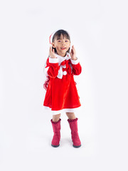 Asian girl is wearing a Santa costume to celebrate Christmas. White background