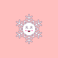 Cartoon Kawaii Snowflake with Smile and Smiling eyes. Cute white Snowflake for Frosty winter season