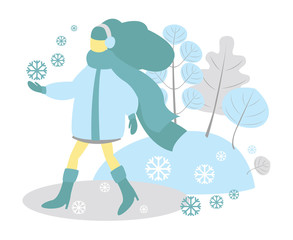 The girl in the headphones walk in winter. It is snow. Vector modern flat illustration isolated on white background.