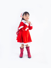 Asian girl is wearing a Santa costume to celebrate Christmas. White background