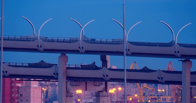 Beautiful in evening new stylish expressway Western Speed Diameter in St. Petersburg, four-lane road is capable of passing a large amount of transport
