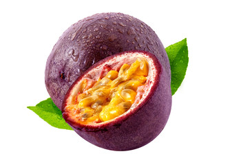 Fresh ripe passion fruit and passion fruit half cut. Juicy tropical fruit ad label design elements...
