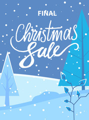 Final Christmas sale poster with discounts and offers for shoppers. Winter landscape with snowfall and pine trees in snow. Proposition from shops and stores at market. Deal and clearance vector