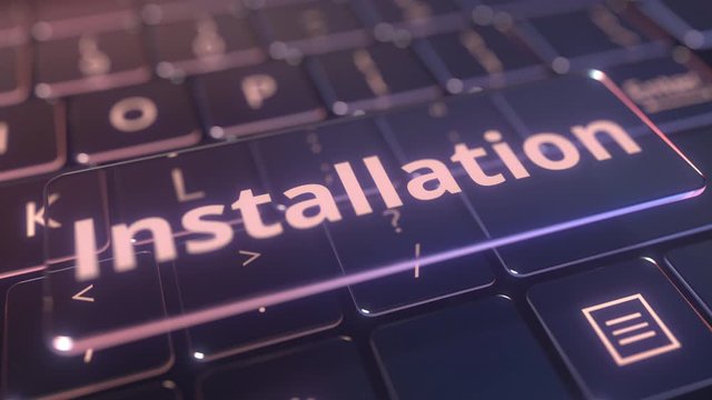 Futuristic computer keyboard and transparent installation key. Conceptual 3D animation