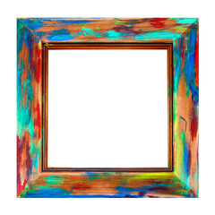 Wooden Picture Frame - Isolated - fun square art frame, in multicolor swirls and spashes of paint - abstract desigin.