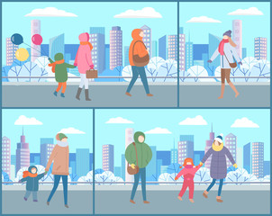 Set of cards with people dressed in outerwear doing outdoor activities with kid in winter park. Family walk of parents with children in park with snow. Man and woman on snowy city street
