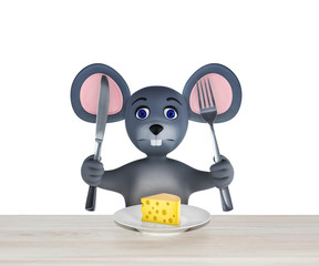 Happy new year 2020 greeting card with cute mouse and cheese isolated on white. Animal wildlife holidays cartoon character. 3d render.