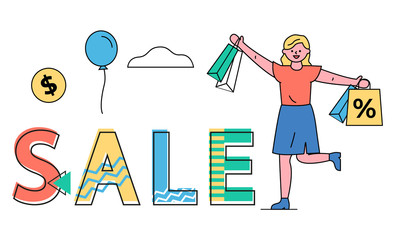 Sale at shops vector, female character happy of discounts and propositions from shops. Balloon in sky, dollar price tag and percent on bag. Woman with purchases shopping using coupons and offers