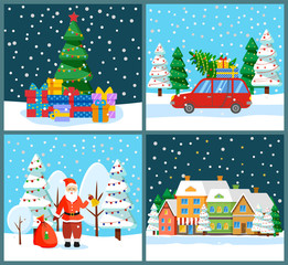 Santa Claus in winter landscape with presents in bag vector. Pine tree with decorations and gifts. Car loaded with spruce and boxes. Street in town with homes in row. Snowing wintry nights set vector