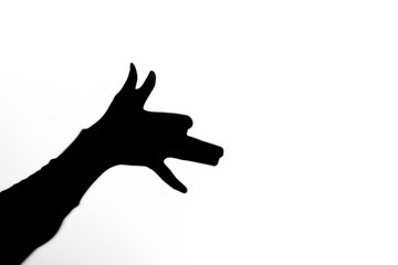 Black shadow in shape of dog composed from fingers on white