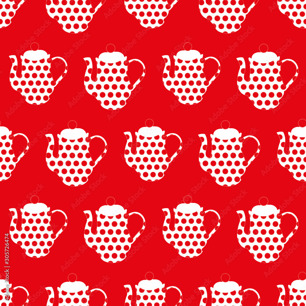 Poster red and white dots teapot seamless repeat pattern print background