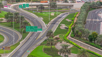 Aerial top view junction at Sheikh Zayed road near Dubai Marina and JLT timelapse, Dubai.