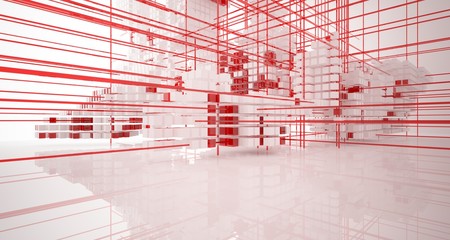 Abstract white and colored gradient glasses interior from array cubes with large window. 3D illustration and rendering.