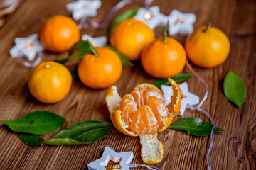 Christmas and new year decor. Christmas card. Tangerines