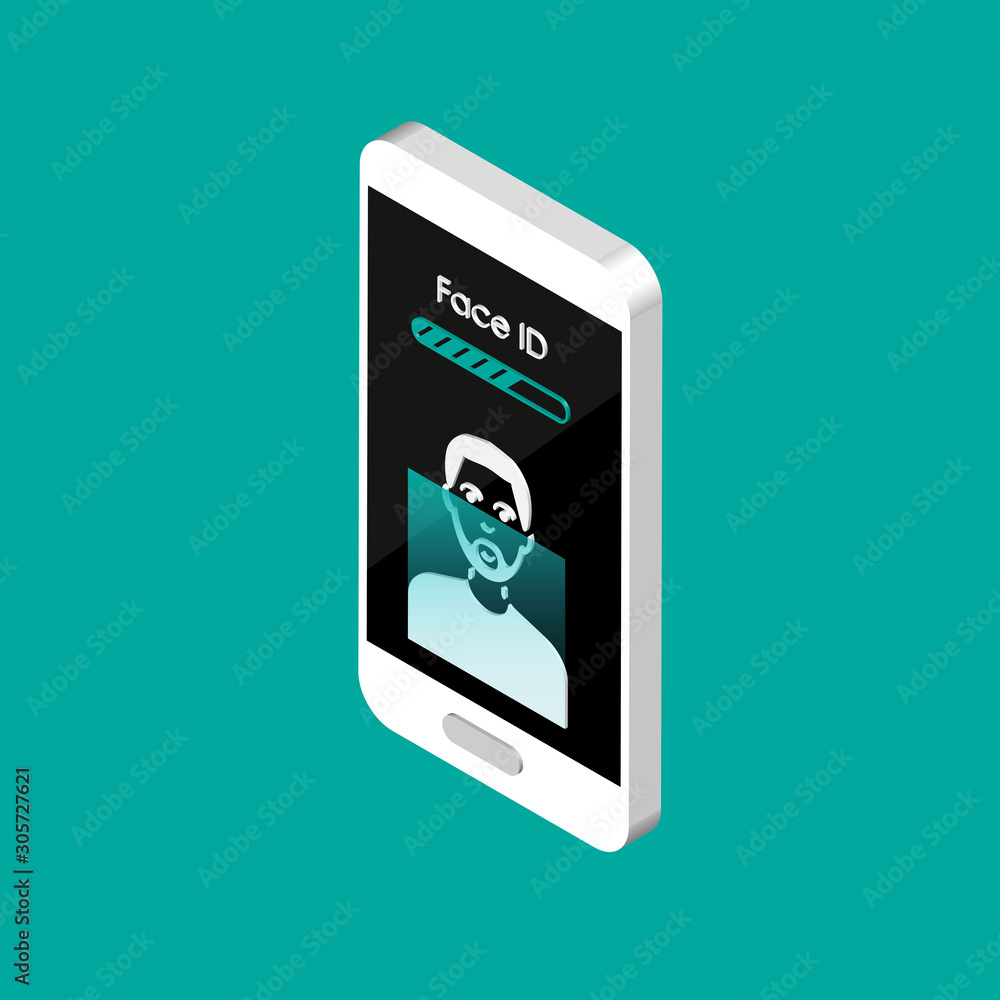 Aufkleber isometric phone with face id icons on screen. 3d face scanning process icons. facial recognition sys