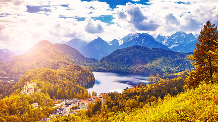 Lake Alpsee and Schwansee - Alpine lakes and the Hohenschwangau Village, Schwangau, Ostallgau district, Bavaria, Germany