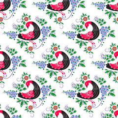 Russian style folk pattern with stylized duck bird and floral elements.