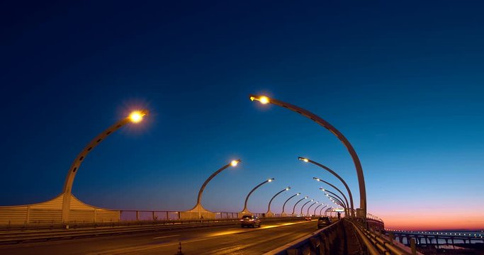 Beautiful in evening new stylish expressway Western Speed Diameter in St. Petersburg, four-lane road is capable of passing a large amount of transport