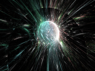 3d Illustration - brilliant glowing spherical ball of light, plasma aura, visible energy concept, powerful radiation, black background, green halo, abstract digital artwork, particle shower