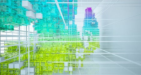Abstract white and colored gradient glasses interior from array cubes with large window. 3D illustration and rendering.