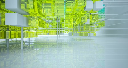 Abstract white and colored gradient glasses interior from array cubes with large window. 3D illustration and rendering.