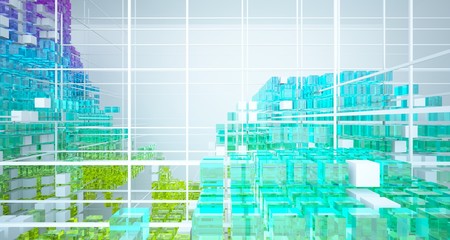 Abstract white and colored gradient glasses interior from array cubes with large window. 3D illustration and rendering.