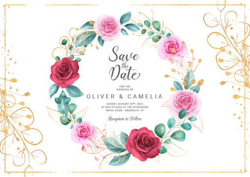 Romantic wedding invitation card template set with watercolor floral wreath  and gold glitter. Abstract floral background save the date, invitation,  greeting card, multi-purpose vector Stock Vector | Adobe Stock