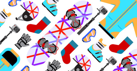 Poster for winter sport design. Snowboard equipment in flat style. Vector illustration.