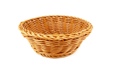 Empty wicker basket isolated on white background.