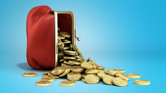 Red wallet with gold money coins 3d render on blue gradient background