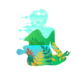 Summer poster with mountains and forest inside sitting human silhouette. Vector illustration.