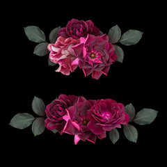 Marsala roses isolated on black background. Floral arrangements, bouquet of garden flowers. Can be used for invitations, greeting, wedding card.