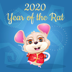 Cute mouse kawaii character social media post mockup. 2020 Year of the Rat. Positive poster, greeting card template with dancing animal in traditional chinese clothes. Print, postcard illustration