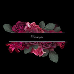 Vintage floral card. Marsala roses isolated on black background. Template for greeting card,...
