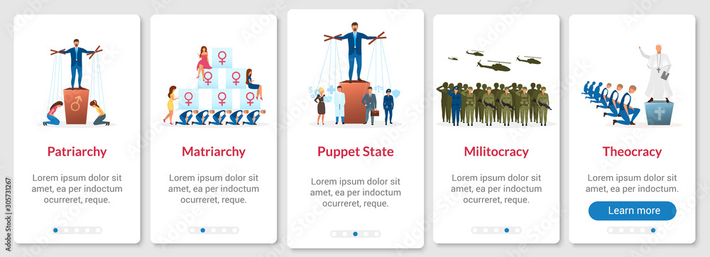 Poster political systems metaphors onboarding mobile app page screen vector template. forms of government. 
