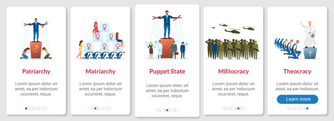 Political systems metaphors onboarding mobile app page screen vector template. Forms of government. Walkthrough website steps with flat characters. UX, UI, GUI smartphone cartoon interface concept