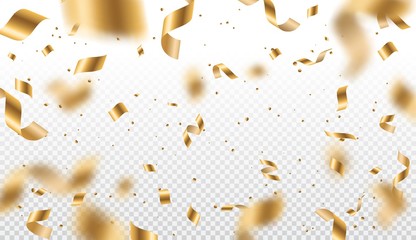 Golden serpentine streamers, confetti and ribbon swirls on transparent background. Vector design of Christmas and Birthday party, New Year carnival and anniversary decor with tinsel, glitter and stars