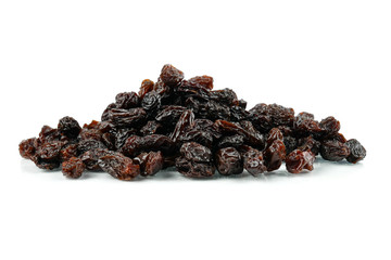 Black sweet Raisins or dried sweet grapes (kali kishmish or Zante currant) isolated on white background - obrazy, fototapety, plakaty