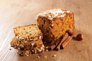 gingerbread cake and spices- cinnamon, nuts