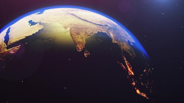 Beautiful animation. Planet earth rotates in space. Planet earth in the night lights. Clip contains space, planet, galaxy, stars, cosmos, sea, earth, sunset, globe. 4k. Images from NASA