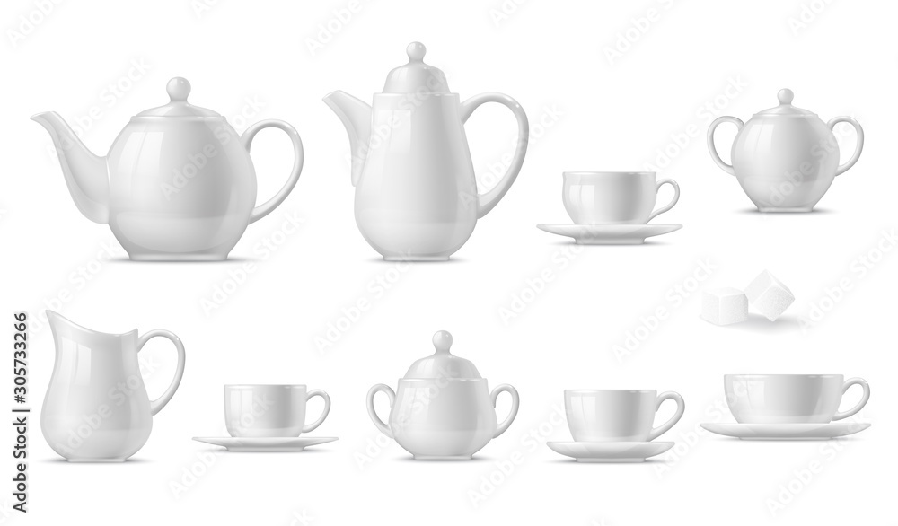 Wall mural tea or coffee set with 3d vector white cups, mugs and pots, teapot, sugar bowl, saucers and creamer.