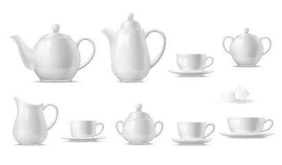 Tea or coffee set with 3d vector white cups, mugs and pots, teapot, sugar bowl, saucers and creamer. Hot drink or beverage crockery realistic design with ceramic or porcelain tableware