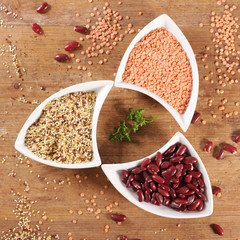 rice, lentil and bean on wood background